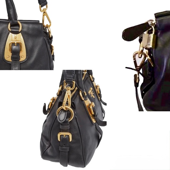 SOLD!!PRADA Black Calfskin Bauletto Handbag Medium Black with Lock, COA Dustbag - Picture 6 of 17